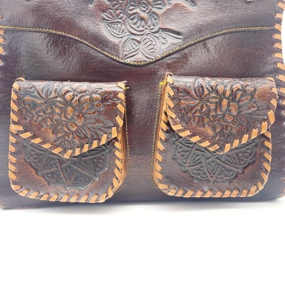 Vintage Tooled Leather Purse Brown Shoulder Bag Western Boho Saddlestitch - Picture 11 of 16